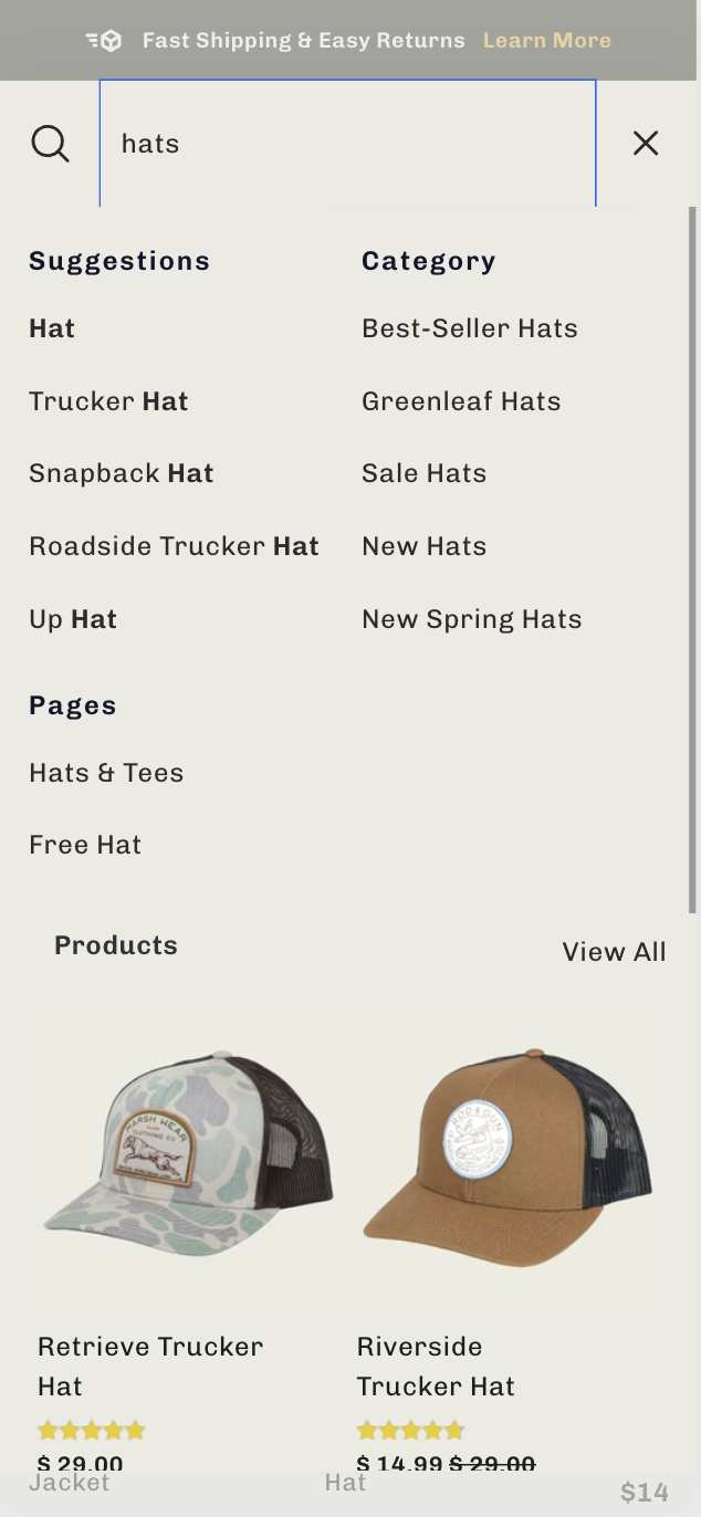 Enhanced search results with clickable categories increase user engagement and conversions – Control screenshot