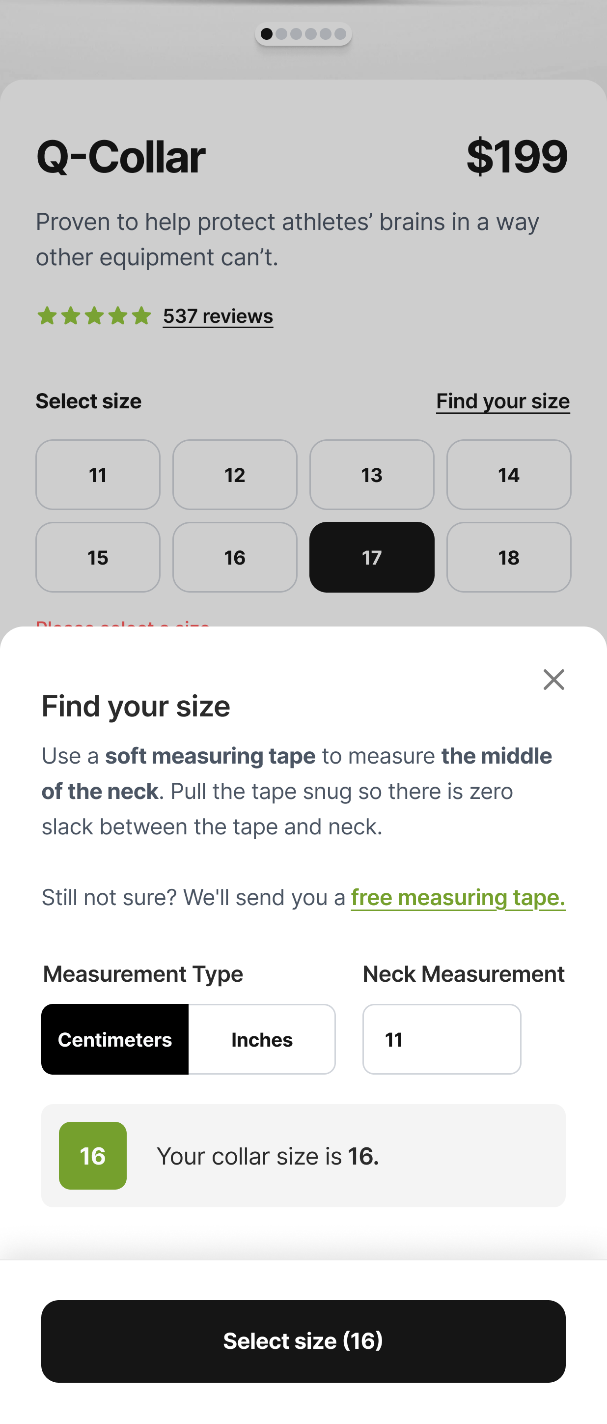 Simplified Size Finder increases conversion and reduces drop-off – Variation screenshot