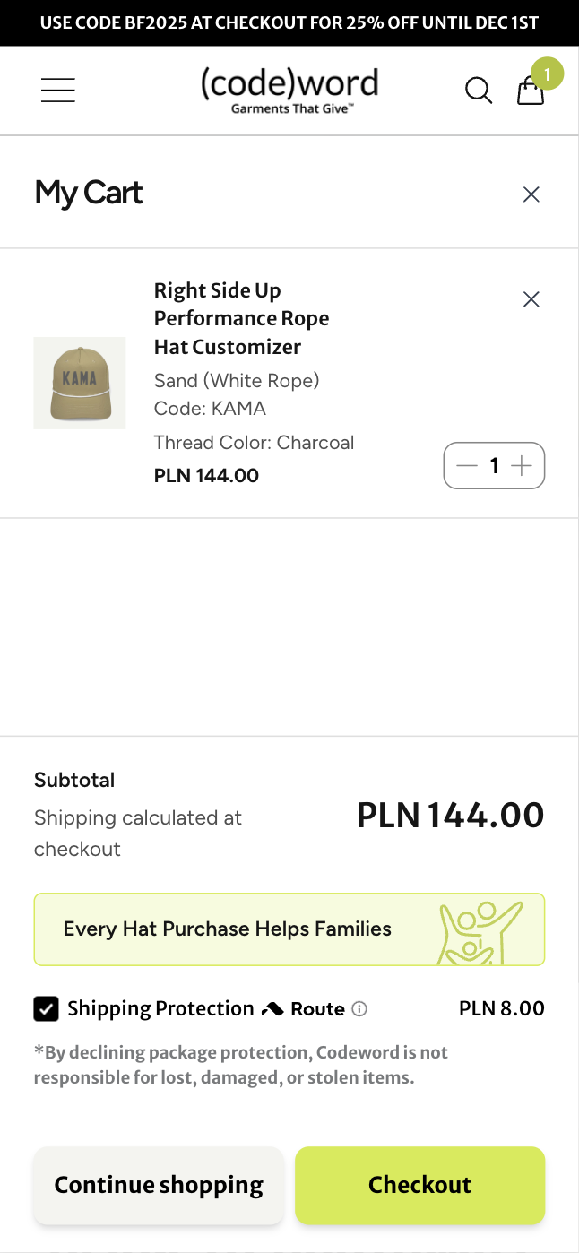Displaying a charity message in cart and checkout boosts customer motivation to complete purchases – Variation screenshot