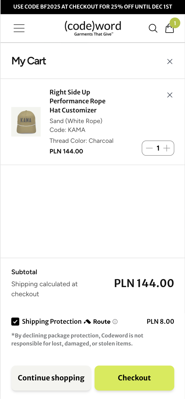 Displaying a charity message in cart and checkout boosts customer motivation to complete purchases – Control screenshot